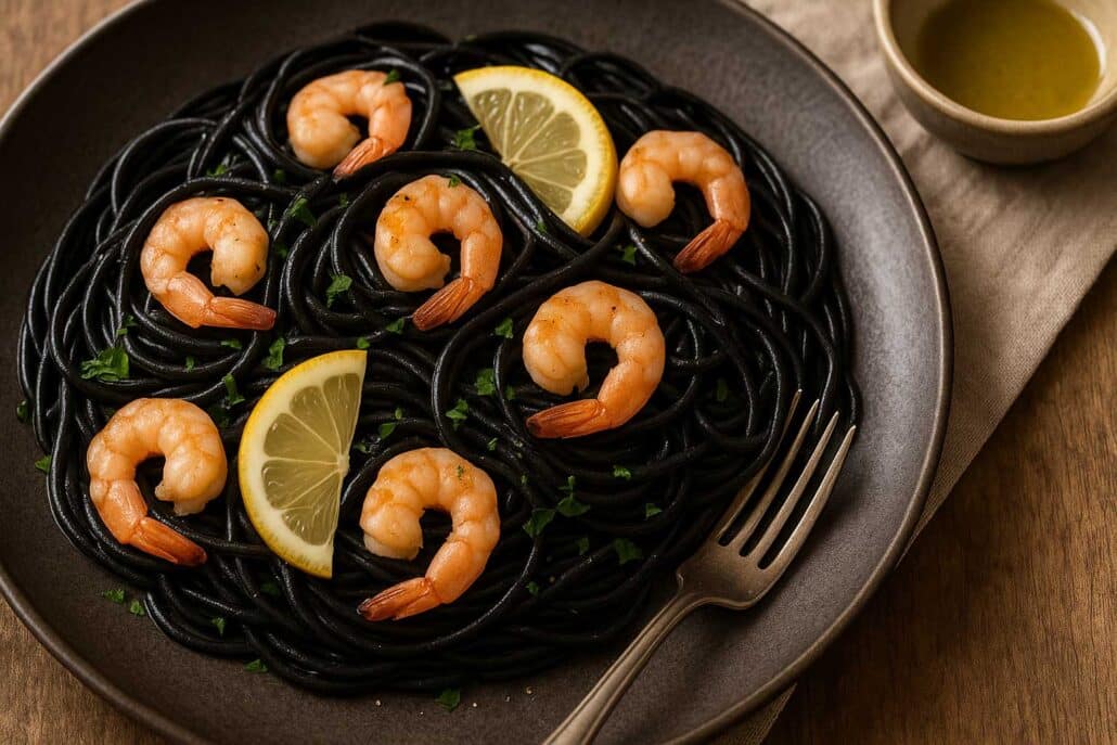 Zwarte Spaghetti met Citroen Knoflook en Garnalen