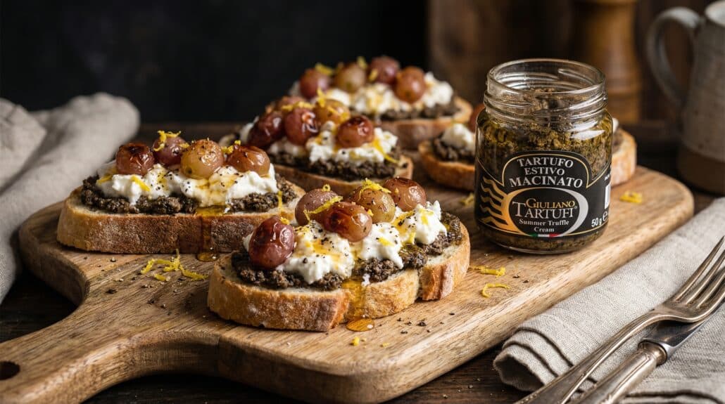 Crostini met truffel tapenade burrata geroosterde druiven honing