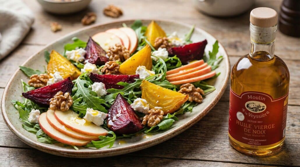 Herfstsalade met geroosterde biet geitenkaas Walnootolie dressing