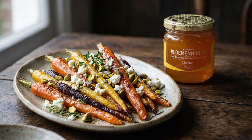 Honing-tijm geroosterde wortels met feta & pistache
