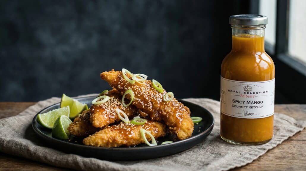 Krokante chicken tenders met Spicy Mango Ketchup glaze