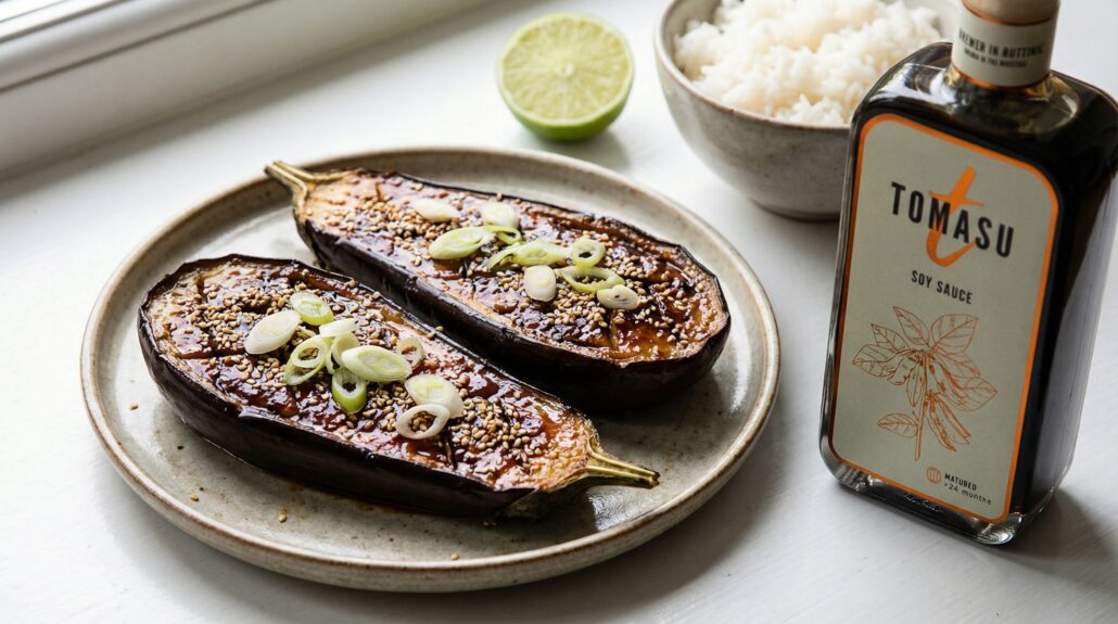 Miso aubergine uit de oven met Tomasu soja-karamel sesam lente-ui