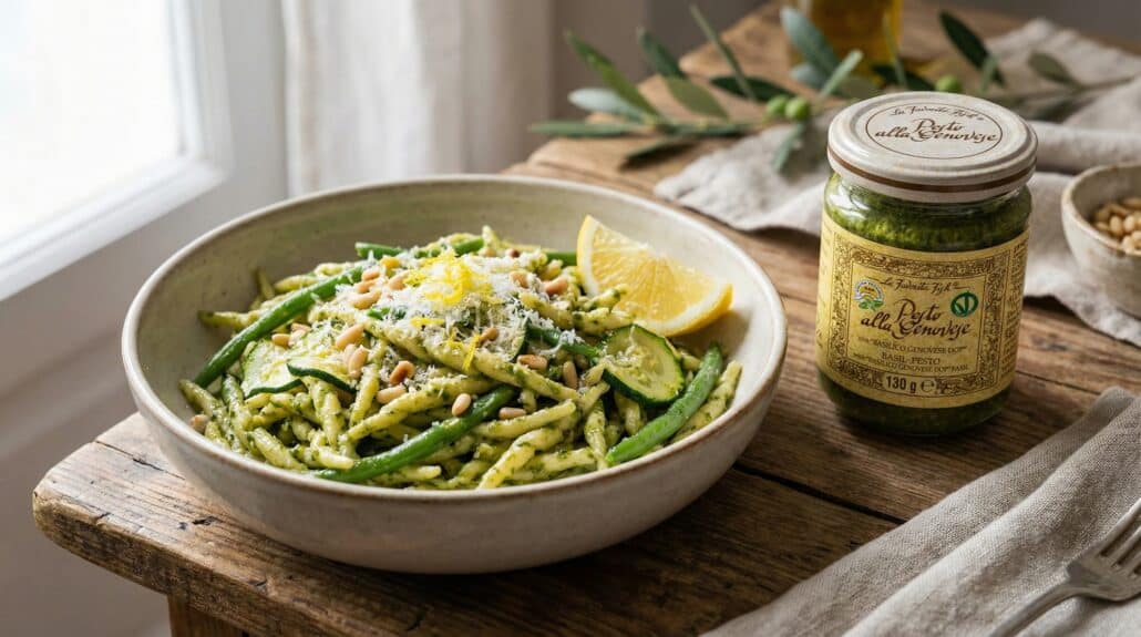 Romige pesto Genovese pasta met citroen sperziebonen geroosterde pijnboompitten