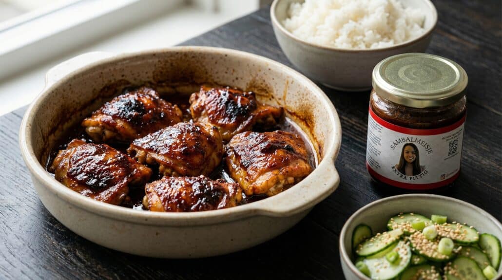 Sambal-honing kip uit de oven met komkommer-sesamsalade