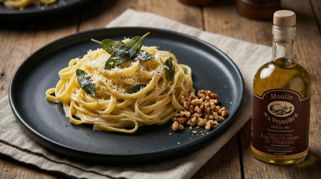 Tagliolini met truffel walnootolie Parmezaan krokante salie