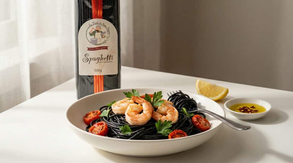 Zwarte spaghetti met garnalen knoflook kerstomaatjes